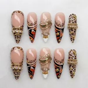Leopard Print Press On Nails 3D Gold Chrome & Abstract Swirl Y2K Charm Animal