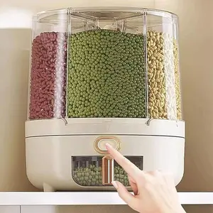 Dry Food Dispenser 25Lbs 360° Rotating Grain Storage Dispenser Box - 6 Compartment Plastic Rice Food Dispenser for Kitchen Soybean Corn (Large-White) Containers Utensils