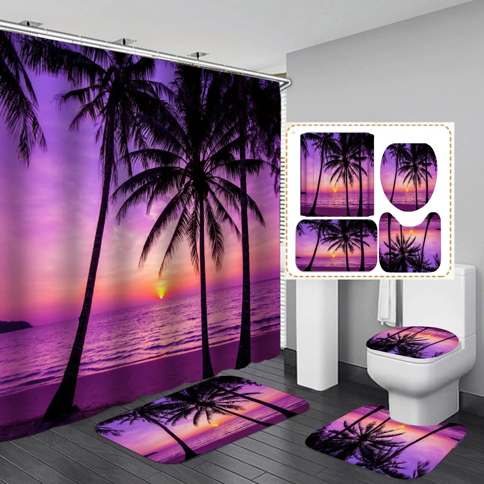 Watson 5-Piece Tropical Bathroom Accessories Set - Washable Waterproof Polyester Hanging Shower Curtain with 3D Dusk Beach Coconut Tree Palm Design, Non-Slip Mat, Toilet Seat Lid Cover, Shower Rings, Five Pieces