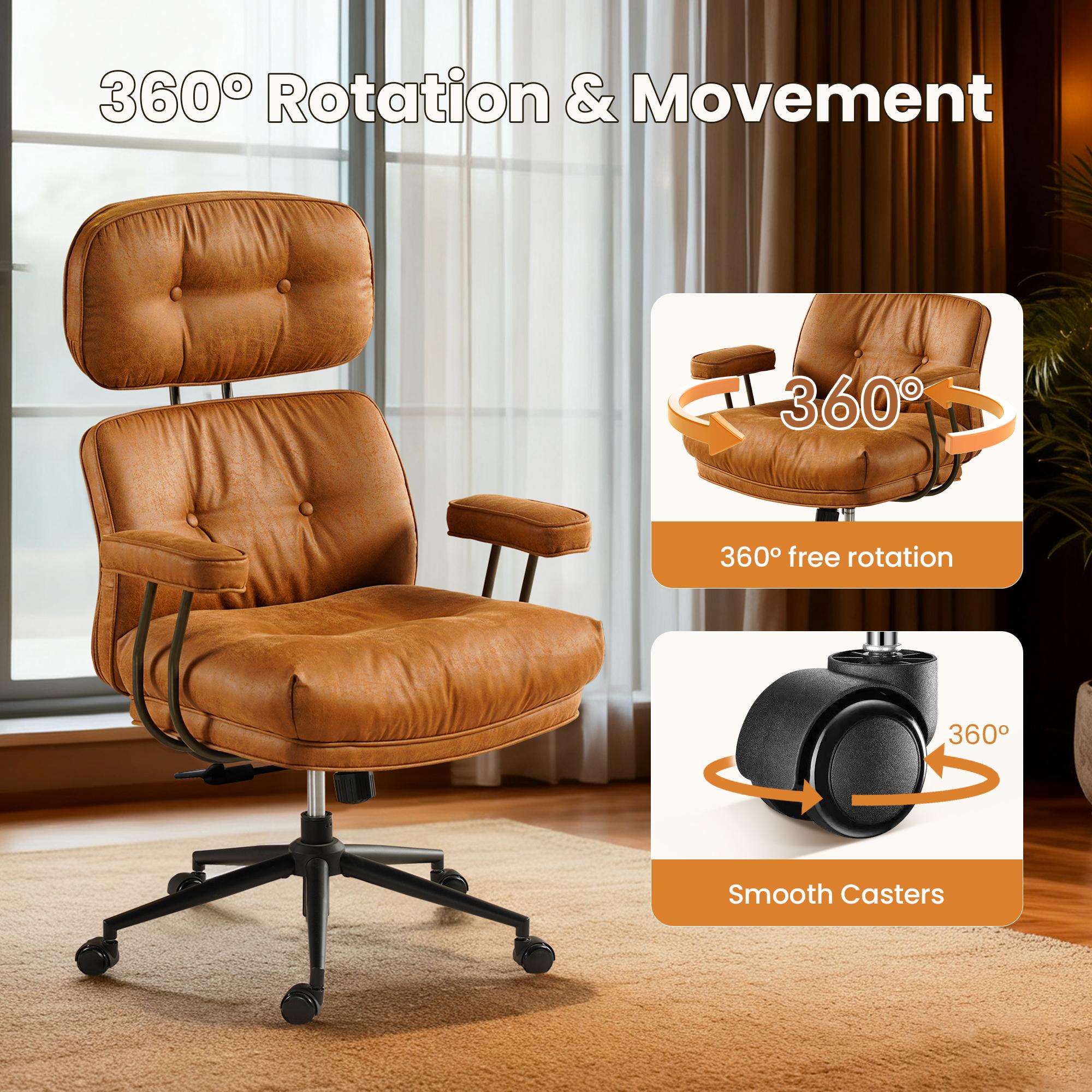 OOSWIFT Ergonomic Home Office Chair, Mid-Century Modern Faux Leather Chairs with Thickened Cushions, Comfy High Back Swivel Rolling Executive Computer Armchair