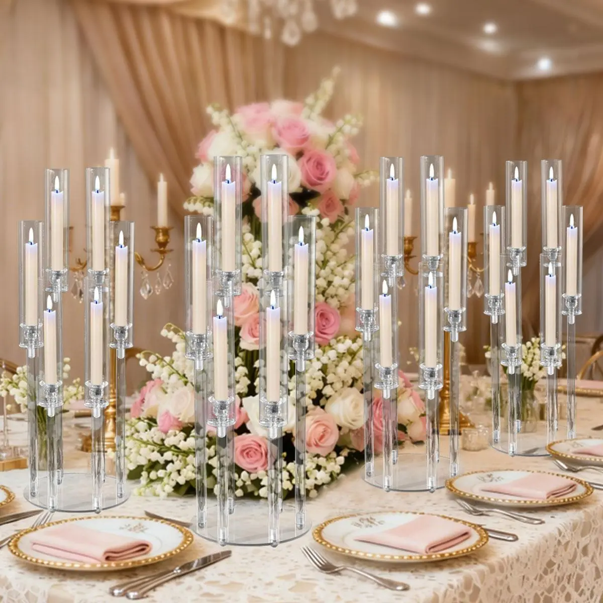 VINCIGANT 4Pcs 26.8in 6-Arm Clear Acrylic Candelabra Set for Wedding Party Table Centerpiece Easter Anniversary Home Decor