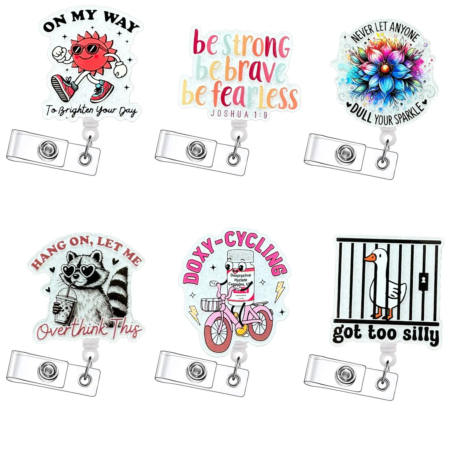Retractable Badge Reel, 6 Counts/set Cute Cartoon Pattern Acrylic ID Holder with Clip, Durable and Lightweight Design Badge Holder for Nurses, Doctors, Students and Office Staff, Badge Reels Retractable, Retractable Badge Holders