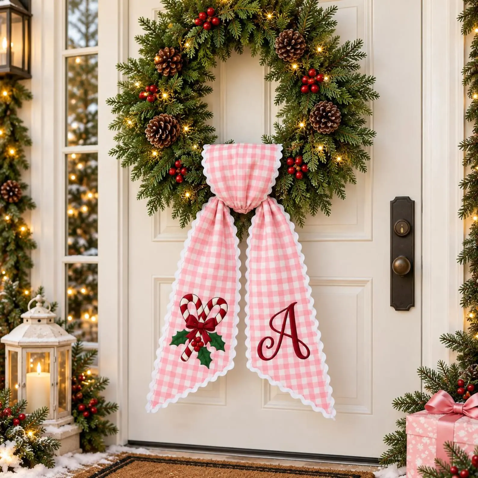 [CUSTOM]Personalized Christmas Wreath Sash, Embroidered Candy Cane Monogram Door Bow, Pink Gingham Holiday Front Porch Decor, Custom Initial