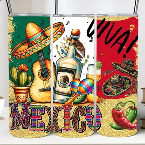 Mexico Flag Skinny Tumbler Water Bottles - Vibrant Designs Featuring Sombrero Guitar Maracas & Chili Pepper Graphics bottle