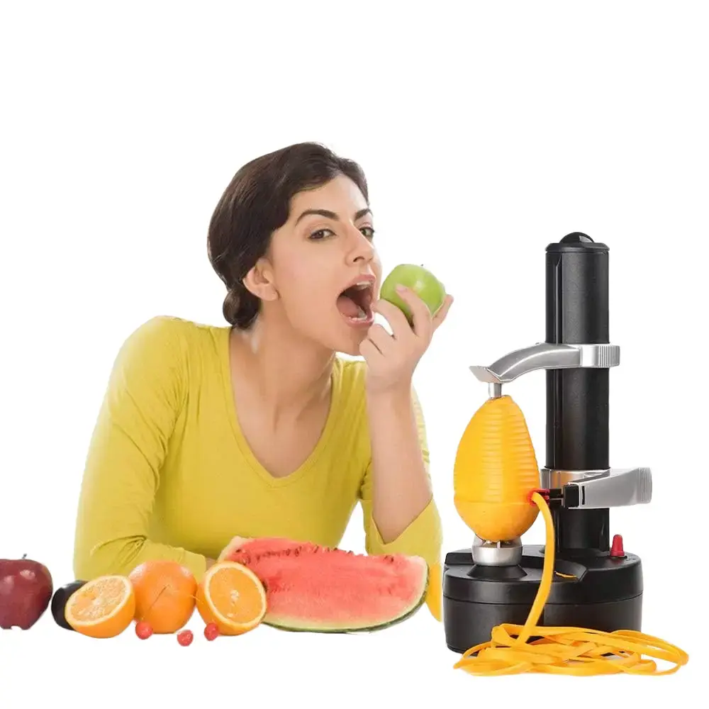 TM Commerce LLC Stainless Steel Electric Rotary Peeler Machine - Steel+Plastic Cordless Mini Kitchen Utensil, Multifunctional Tool with Replaceable Blades, Lightweight Black Fruit Peeling Peeler, Fruit Peeling Peelers, Multifunctional Peelers