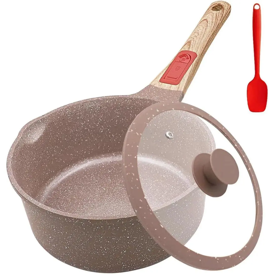2.3 Quart Ceramic Nonstick Saucepan with Lid, Small Sauce Pot with Pour Spouts, Milk Pan with Detachable Handle, Oven& Dishwasher Safe (Brown)
