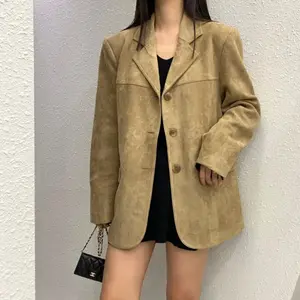 Khaki Suede Oversized Blazer Retro Chic Tan Suede Jacket Y2K Inspired Vintage Outerwear Essential for Women