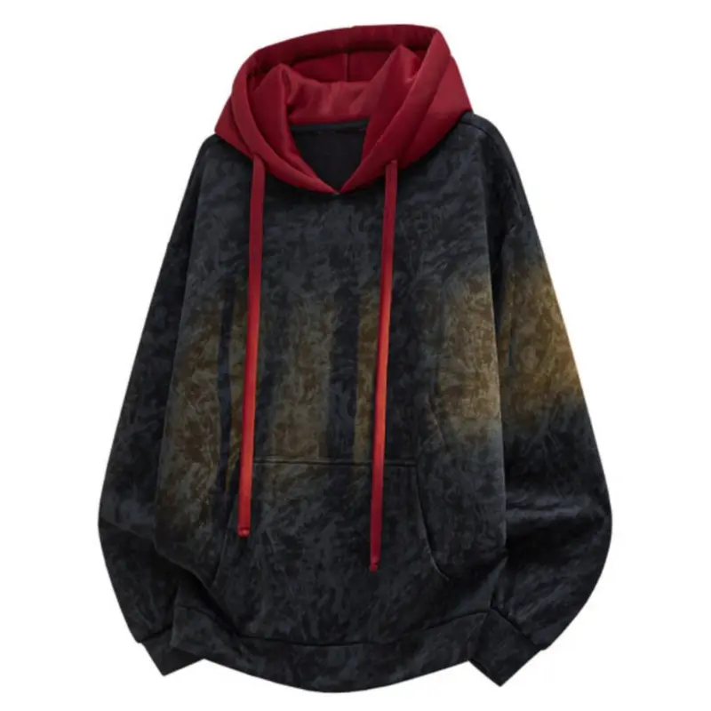 Men's Fitted Soft Contrast-Lined Gradient Dye Patchwork Hoodie Sweatshirt Tops - Long Drawstring, Front Kangaroo Pocket, Ribbed Cuffs & Hem, Casual Vintage Streetwear Pullover for Thanksgiving, Easter, Outdoors, Couples, Hoodie/Jumper, Retro