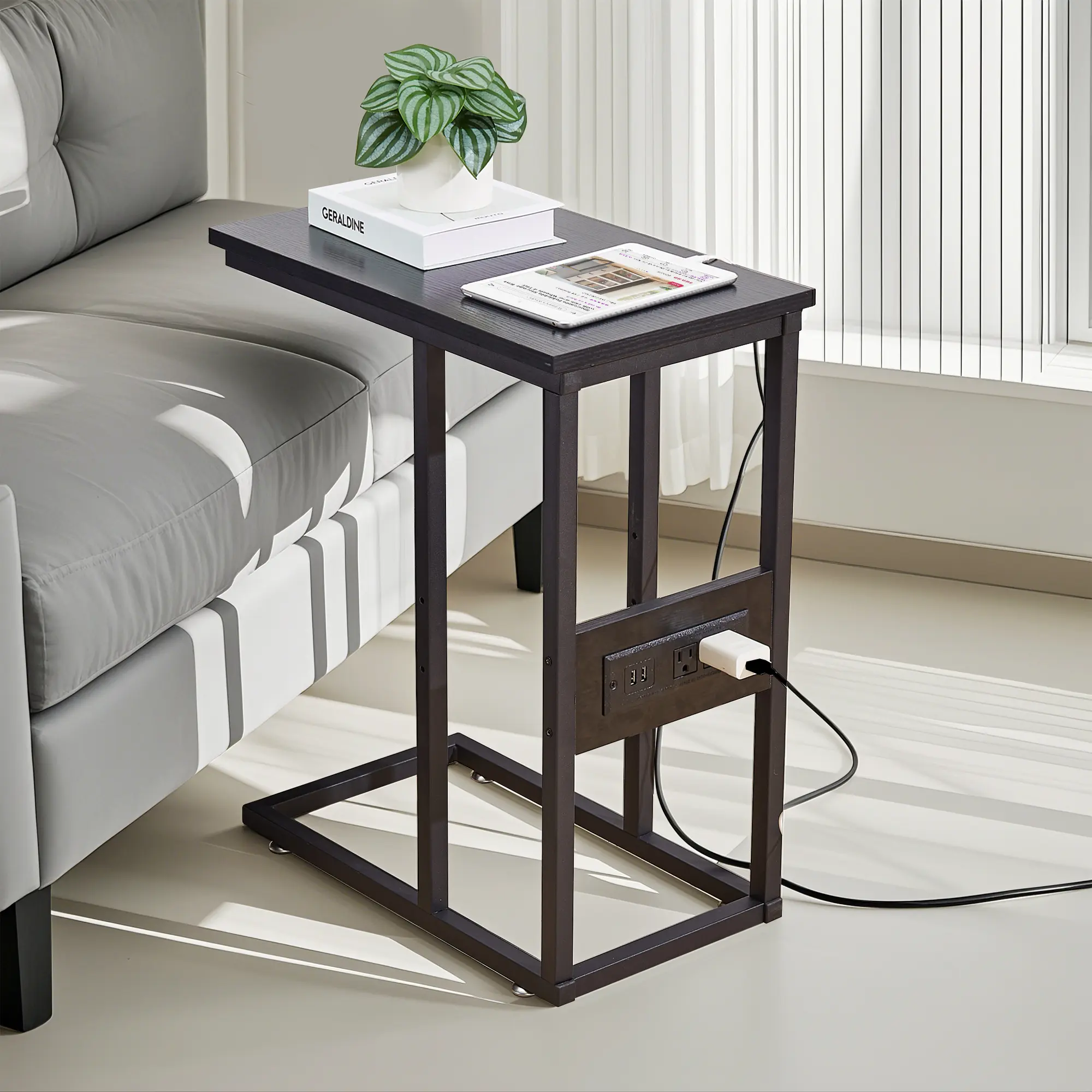 VECELO C-Shaped End Table with Charging Station, Small Side Tables C Couch Table for Living Room, Bedroom, Sofa Table with USB Ports and Outlets for Small Spaces,