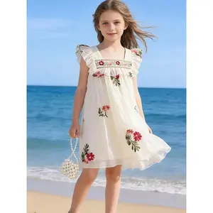 Girls' Embroidered Pleated  with Scalloped Hem And Floral Print, Designed for Little Princesses, Featuring Princess-Style Ruffles, Elegant A-Line Square Neck  for Girls dress