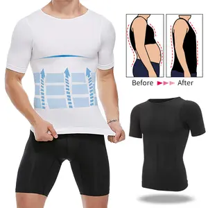 2 Pack Menswear Compression Tummy Control Body Shaper Shapewear Shirt Crew Neck Undershirt Short Sleeves Solid Workout Tank Tops Breathable Vest Nylon Formal Clothes Spandex Black White Gamis Dress Day