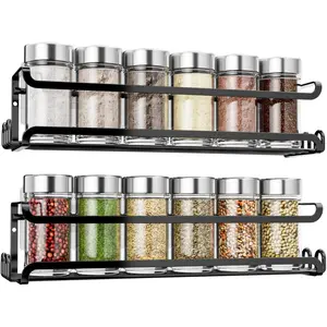 2 Pack Wall Mounted Spice Rack with 8 Hooks, Spice Organizer for Cabinet Pantry Door,Screw or Adhesive Spice Shelf Hanging Wall Spice Rack in Kitchen and RV (Black, 2 PACK)