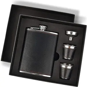 Hip Flask Gift Set for Men 8Oz 18/8 Stainless Steel Black Leather Cover Hip Flasks for Liquor with 2 Cups & Funnel Gift Box