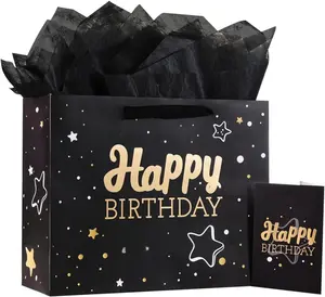 Black Birthday Gift Bag Set – Includes Tissue, Card & Ribbon (Medium, Starry Sky Design)