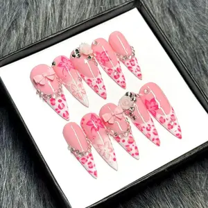 Pink Leopard Press On Nails | 3D Bow, Cherry Blossom, Coquette Y2K N416