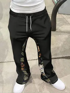 Men's Floral Patchwork Long Pants Bell Bottoms, Casual Loose-Fitting Winter Fashion, Comfortable and Stylish Men's Clothing, Casual Chic Bottoms