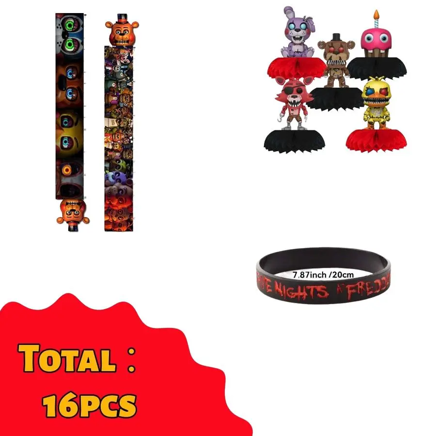 Fnaf Party Gift Set 16 Pieces, Includes Ruler, 5 Beehive Ornaments, 10 Bracelets, Perfect for Party Decorations, Birthday Parties, Birthday Party Favors