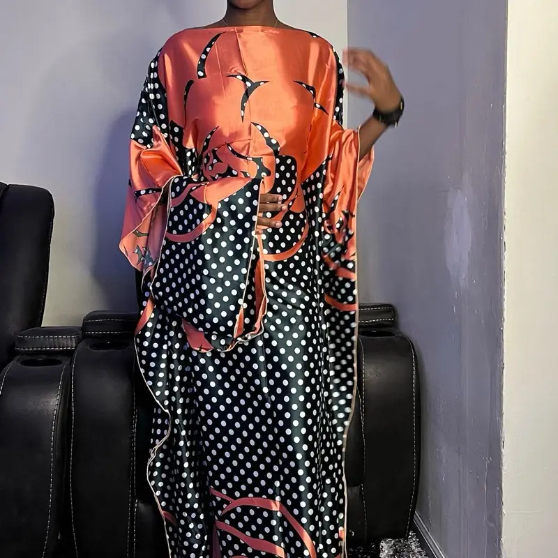 Summer Boubou Abaya - Striking Kaftan Style with Polka Dots & Abstract Swirls, Soft Peach or Coral Satin Fabric, Loose Fit, Scarf Included