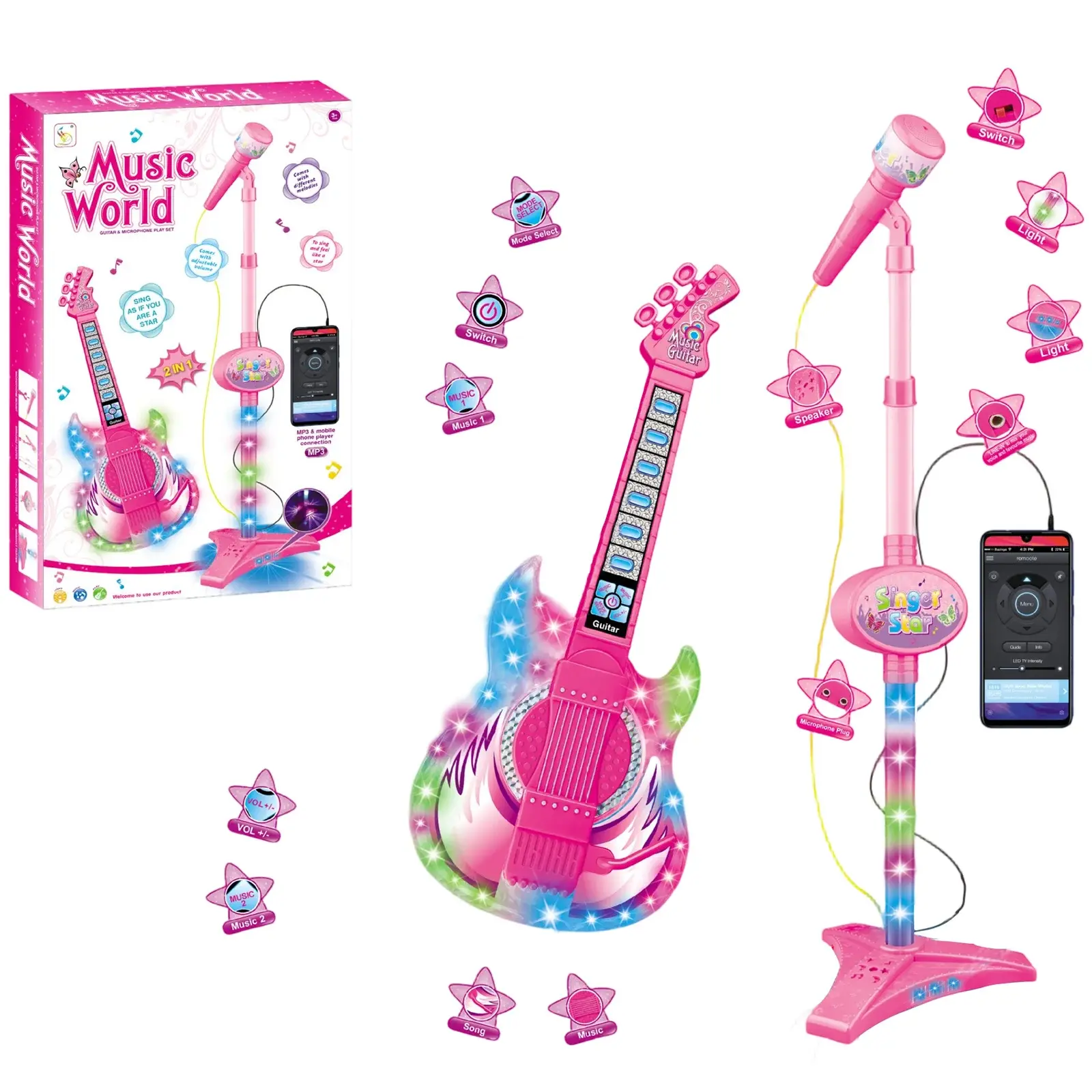 Electric Guitar and Microphone Set for Kids,Guitar Toys with Music & Colorful Light, Adjustable Height Microphone with Stand