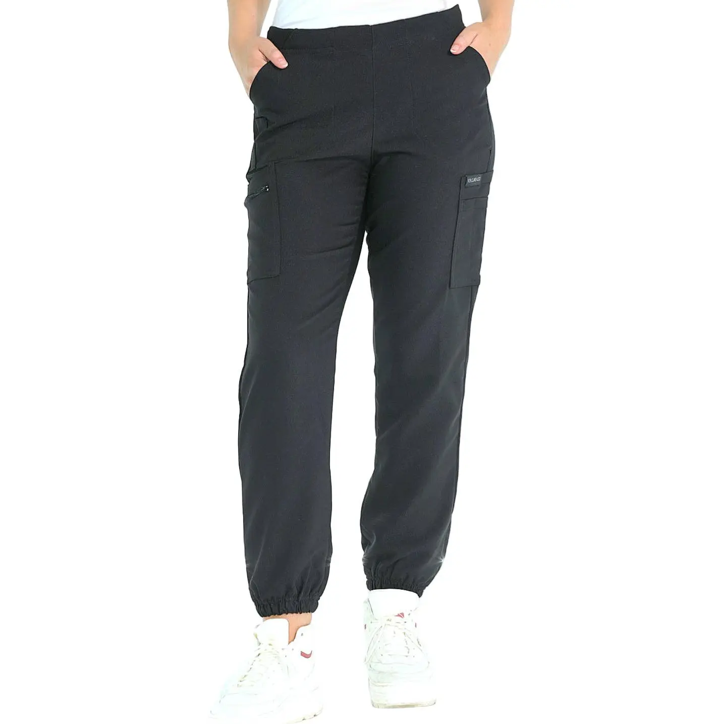Women's Nikki High-Waisted Cargo Scrub Jogger - 9 Pockets, 2 Zip-Secure Cargo Pockets, Graphene Polyester Performance Fabric, Breathable, Curved Silhouette, Petite-Friendly Fit, Modern Style, All Seasons Workwear for Healthcare Pros, Black, 2 Cargo Pocket