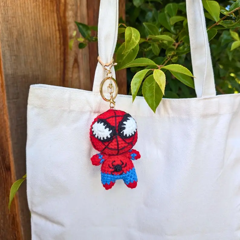 Crochet Superhero Keychain Charm, Handmade Cute Spider Hero Bag Pendant Keyring Accessories for Backpack, Car Keys Decor, Unique Cute Gift Idea