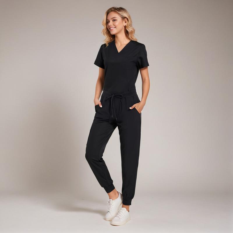 Women's Scrub Set - Flexible V-Neck Top & Jogger Pants Featuring 8 Pockets Women's Scrub Set - Flexible V-Neck Top & Jogger Pants Featuring 8 Pockets