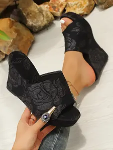 New Winter Women's Rose Print Wedge Mules, Slimming High Heel Slippers, Fashionable All-Seasons Casual Shoes, Rubber