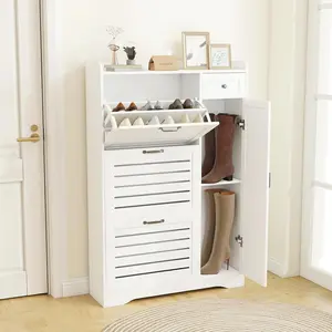 Narrow Shoe Storage Cabinet with Flip Drawers, Doors & Adjustable Shelves, Slim Shoe Rack Cabinet for Entryway Closet, Deodorizing Wooden Boot Storage Organizer Freestanding Hidden