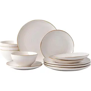 and Sets for 4, 12 Pieces Stoneware Dinnerware Sets, Dishes Set, Reactive Glaze Dishware Sets, Dishwasher & Safe, Series - Antique White