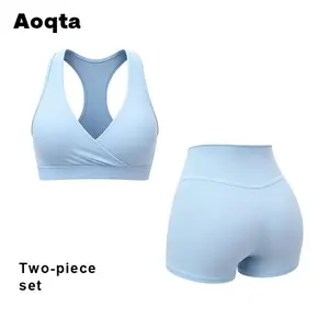 Aoqta Two-Piece Sporty Tracksuit Set - Light Blue Solid Racerback Sports Bra & High Waist Shorts, Soft Elastic Fitness Outfits for Yoga, Workout, Indoor & Outdoor Activities