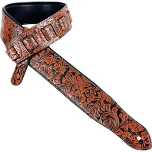 G-973  Brown And Latigo Tan Western Embossed Guitar Strap with Soft Padded  For Acoustic, Electric, And Bass Guitars