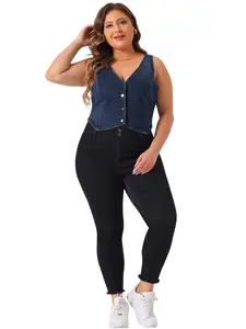 Agnes Orinda Plus Size Denim Vest for Women Sleeveless V Neck Button Down Casual Jean Waistcoat Jacket Dark Blue
