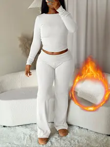 Women Two Piece Set Solid White Long Sleeve Crop Top and Flare Pants Outfit Casual Lounge Wear Matching Set Y2K Streetwear Slim Fit Tracksuit Sexy Bodycon Festival Outfit Party Clubwear Fashion Co Ord