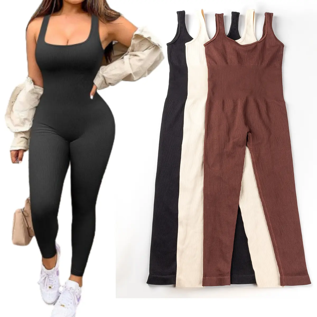 Women's Solid Color Square Neck Sleeveless Skinny Yoga Bodysuit, High-Stretch Ribbed Fabric, Skin-Like Feel, Tight-Fitting Gym Workout Clothes, Stretchable Activewear, Activewear Clothing for Yoga Gym Fitness
