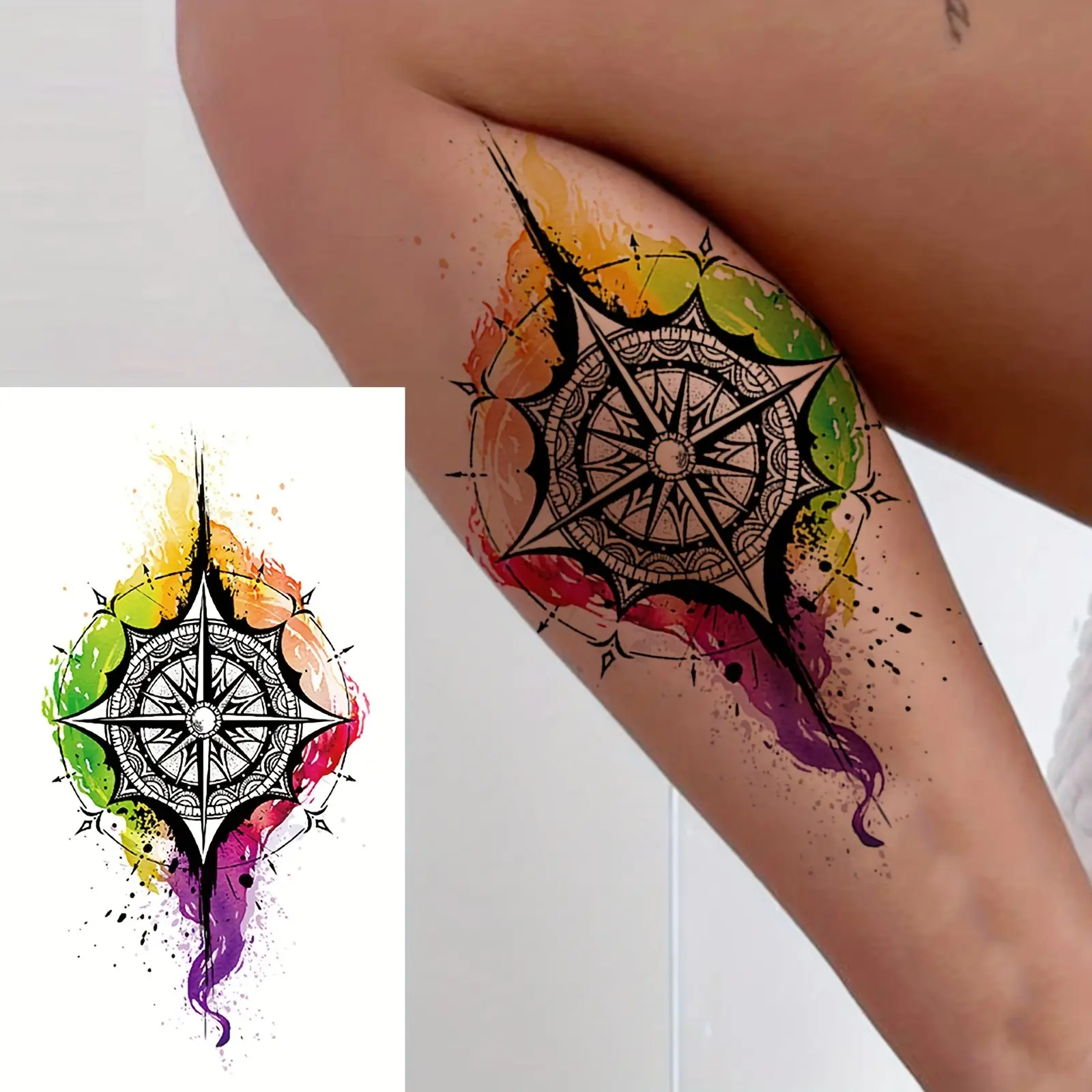 Vibrant Watercolor Compass Temporary Tattoo Stickers - 6 Count (3 Fixed, 3 Random Designs), Realistic, Assorted, Waterproof, Long-Lasting, Normal, Solid, Casual Body Art for Adults' Arms, Legs, Easy to Apply & Remove