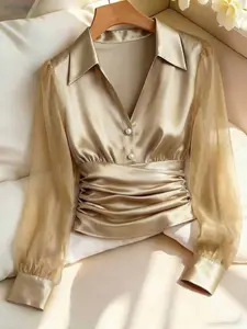 Women's Satin Luxury Shirt, Mesh Sleeve Patchwork, Pearl Decoration, Elegant Slim Fit, Fashionable Versatile, Essential for Spring Summer Fall