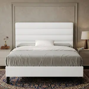 Velvet Upholstered Platform Bed Frame with Headboard, Horizontal Channel Design Bed Frame, Sturdy Wooden Slats Support, Noise-Free No Box Spring Required, Easy Assembly, Multi Color Available, Twin Full Queen King Size Modern Bedroom Furniture Home Room D