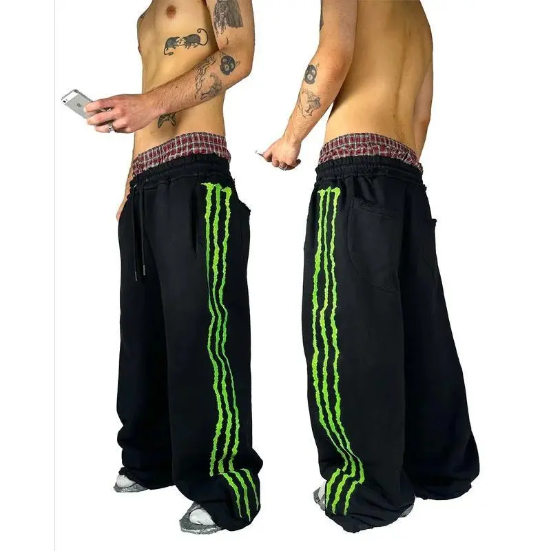 Hip Hop Personality Claws Three Stripes Embroidered Sweatpants Street Clothing Glowing Casual Pants Cotton Zipper Jogger
