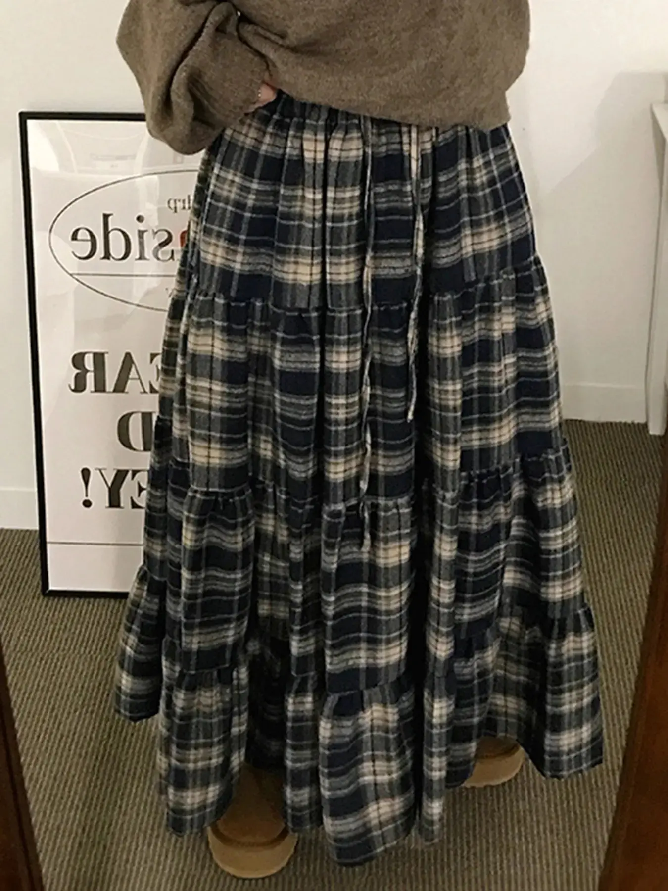 Plaid Patchwork Pleated Long Loose Fitting Skirt, Vintage College Casual Style Korean Y2K Cute Girl Versatile Skirt, Womenswear Spring Summer Fashion, Plaid Print Skirt