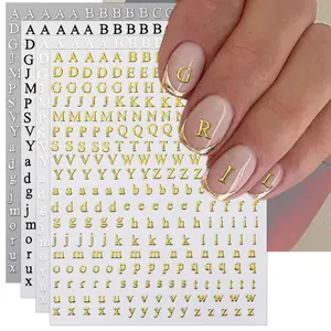 Letter Nail Art Stickers - 3D English Alphabet Nail Decals for DIY Metallic Gold Silver Acrylic Manicure Holographic Nail Decorations(4 Sheets)