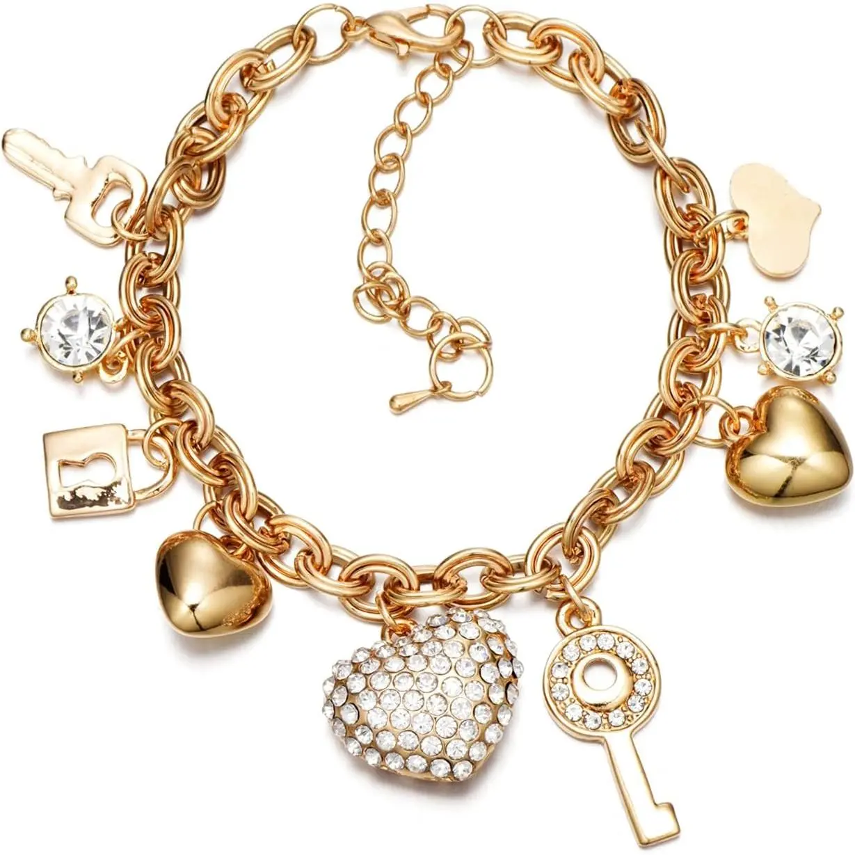 Women's Elegant BB9 14K Gold Plated Chain Link Bangle Bracelet - Adjustable 7"+2" Extender, 9 Charms (Crystal Accents, Love Heart, Key, Lock), Non-Fading Love Lock Design, Mothers Day/Birthday Gift