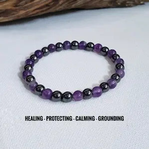 Stunning Amethyst and Hematite Beaded Crystal Bracelet - Elegant Jewelry for Enhancing Positive Energy