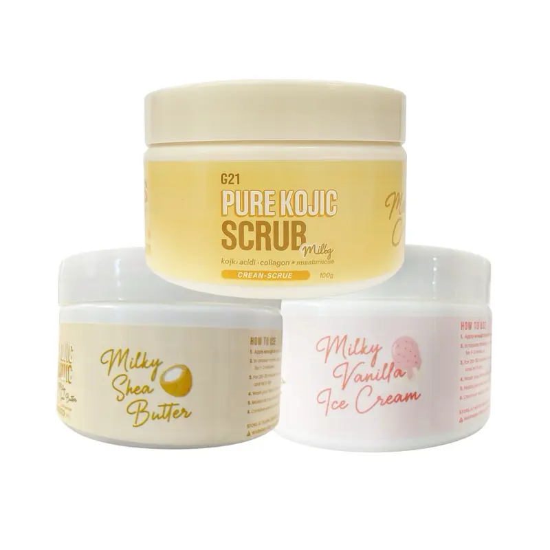 1 JAR G21 Pure Kojic Cream Scrub – Kojic + Collagen + Niacinamide Body Exfoliating Scrub – 300g (Milky Citrus / Milky Vanilla Ice Cream / Milky Shea Butter)