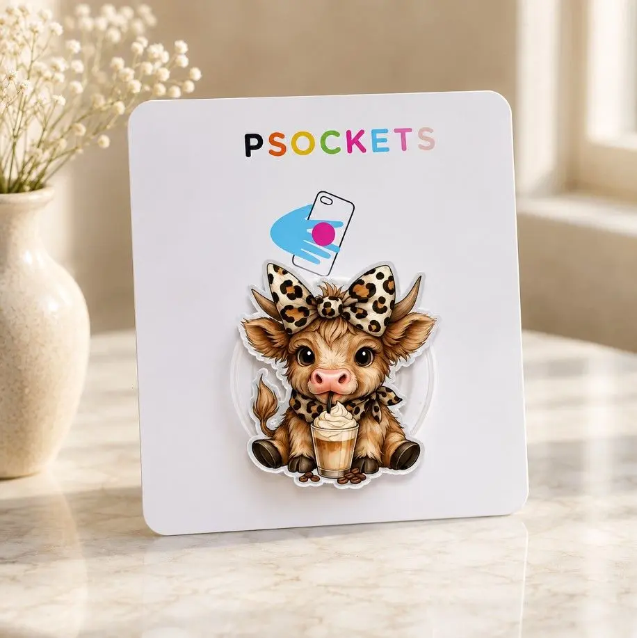 Funny Coffee Addict Highland Cow Phone Grip Stand Magnetic Kickstand Holder For Smartphones, Cute Gift For Coffee Lovers And Cow Fans