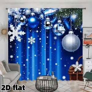 2D Flat 2Pcs Christmas Curtains Blue Silver Holiday Theme Snowflake Pattern Rod Pocket Panel Light Filtering Polyester Drapes Winter Festive Baubles Design Living Room Bedroom Window Treatment Decor Gift Decoration Home Decoration Curtain Privacy