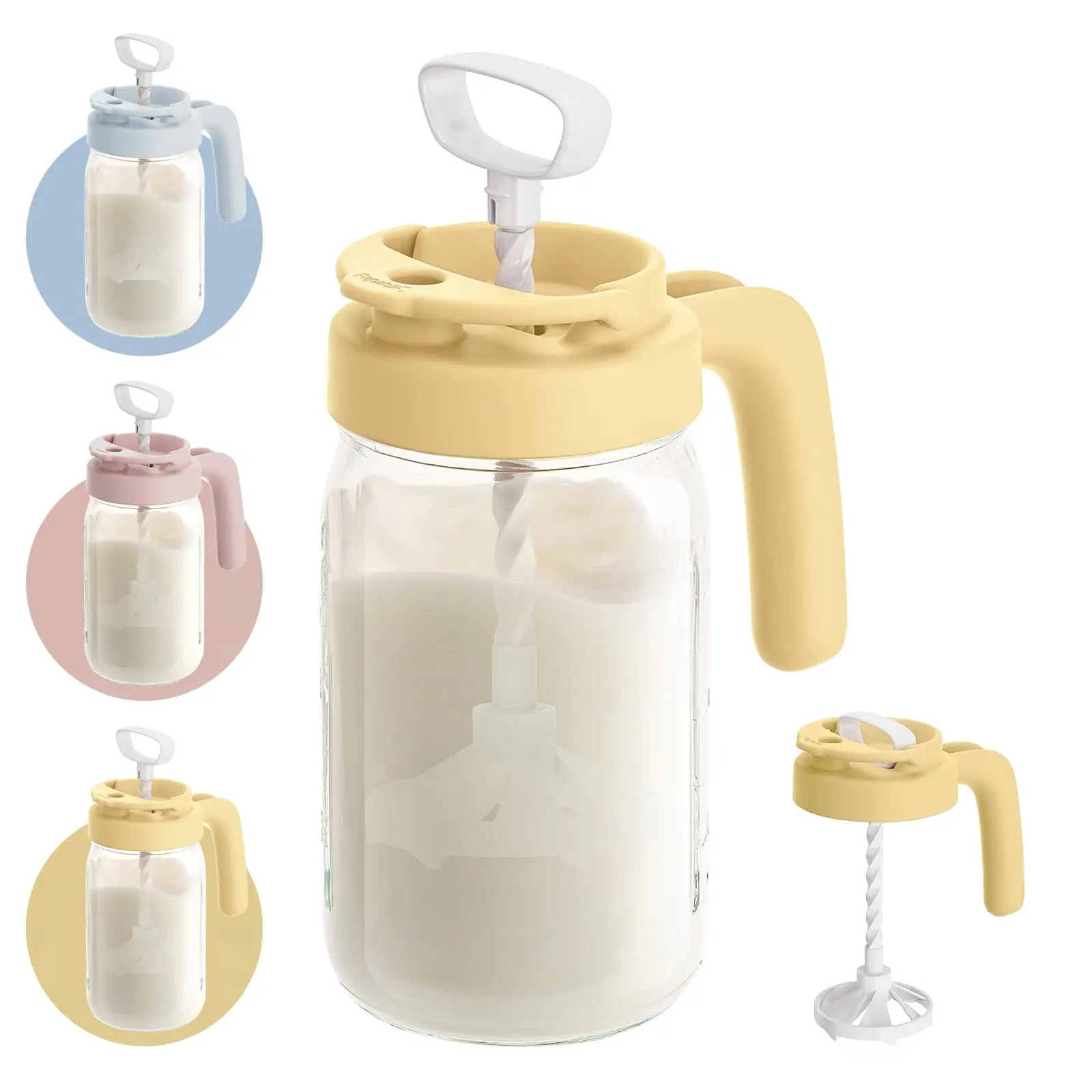 Papablic 24oz Odourless Glass Breastmilk Pitcher - Non-Toxic, BPA-Free, 0-3 Months Breastfeeding Moms, Heat & Cold Resistant, Dishwasher-Safe, Wide-Mouth Mason Jar Mixer with Mixing Handle Lid, Flip-Locking Spout, No Bubbles