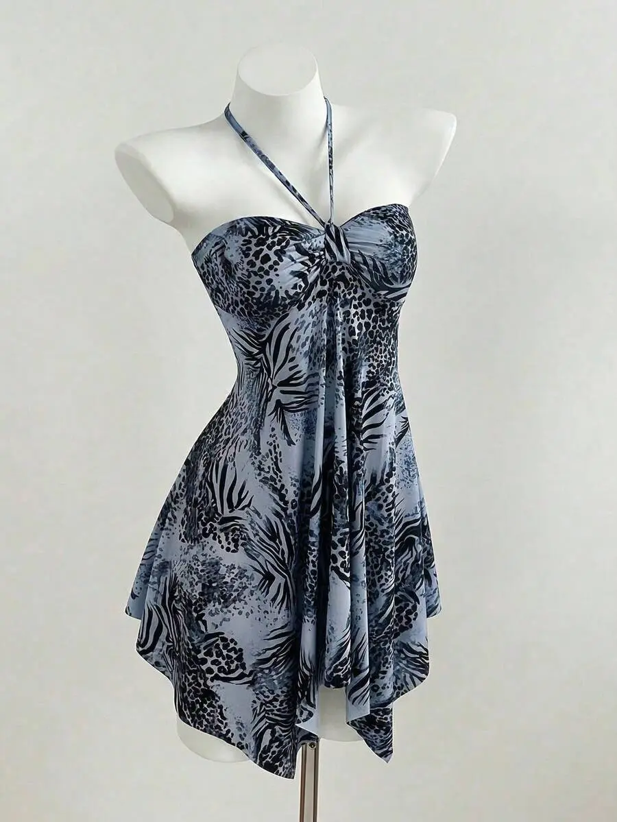 ESTILO Summer Sexy Beach Vacation Animal Print Patchwork Tie Front Asymmetrical Hem Dress Blue