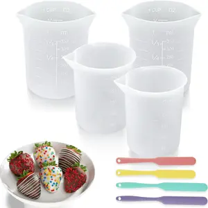 Pack of 4 Silicone Measuring Cups (250ml & 350ml) with 4pcs Heat-Resistant Jar Spatulas, Silicone Chocolate Melting Cup Set, Non-Stick Baking Tools for DIY Chocolate, Butter & Cream Mixing