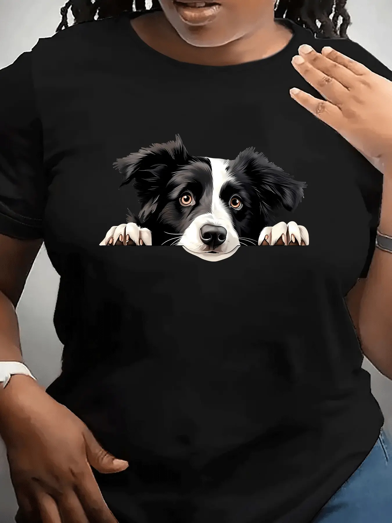 Border Collie Puppy Peeking T-Shirt - Cute Dog Lov unisex soft cotton short sleeve t shirt, vintage graphic casual tee for men women teens, perfect birthday holiday gift for camping travel gym daily street  wear