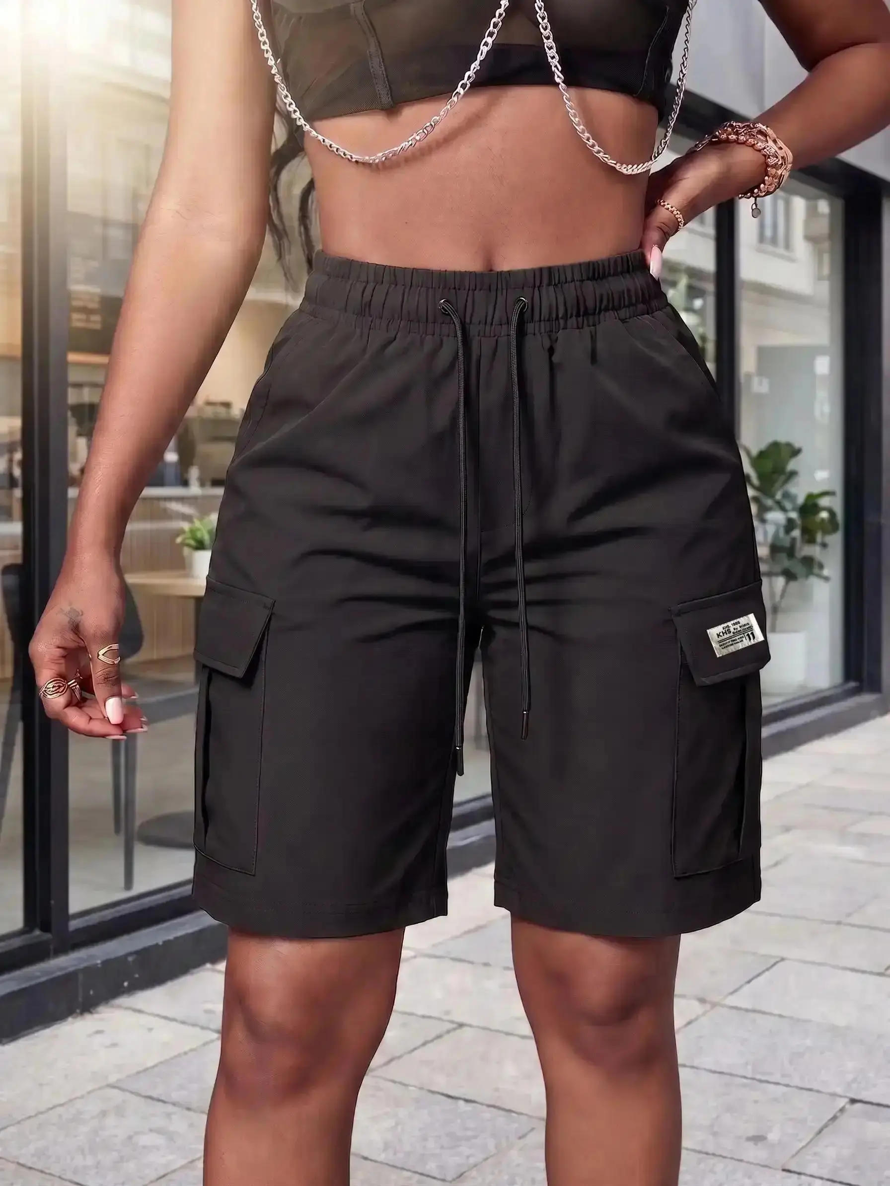 One pack contains 3 women’s summer street-style cargo athletic shorts with an elastic waistband, comfortable fit, side pockets, and a drawstring-casual shorts urban styles and . Crew Neck, Versatile, Tummy Control